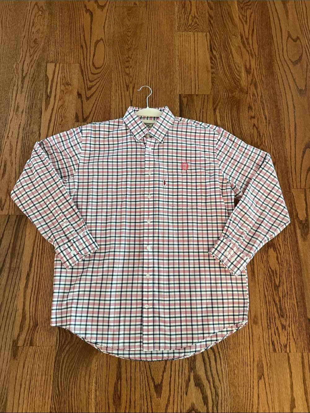 Long-Sleeve Plaid Dress Shirt - White with Red & Blue Checks